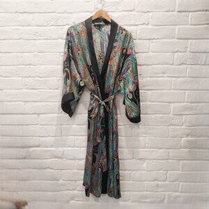 Vintage Beth Michaels Long Kimono Robe Womens L Multicolor Satin Belted Pocket.